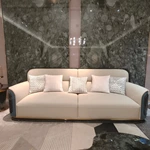 Modern Luxury Sofa Set with High-Gloss Natural Burl Wood Veneer, Gold Stainless Steel Trim & Dual-Tone Upholstery